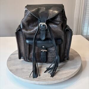 Freebird Steven Croc Embossed Leather Backpack Boho Fringe Buckle Brown